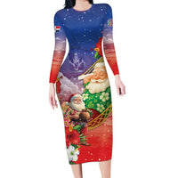 Dominican Republic Christmas Long Sleeve Bodycon Dress Santa Relaxing On The Beach - Wonder Print Shop