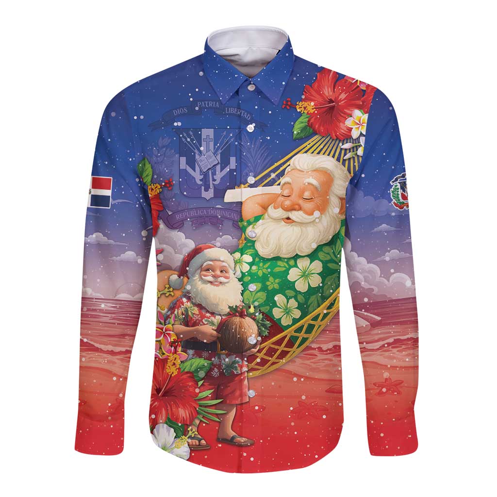 Dominican Republic Christmas Long Sleeve Button Shirt Santa Relaxing On The Beach - Wonder Print Shop