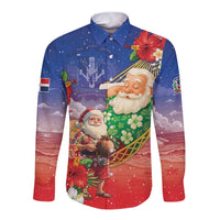 Dominican Republic Christmas Long Sleeve Button Shirt Santa Relaxing On The Beach - Wonder Print Shop