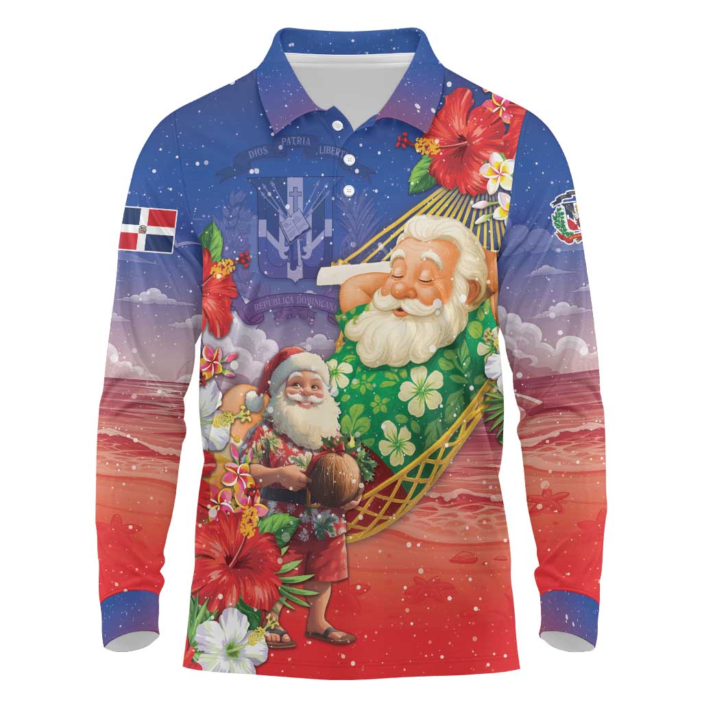 Dominican Republic Christmas Long Sleeve Polo Shirt Santa Relaxing On The Beach - Wonder Print Shop