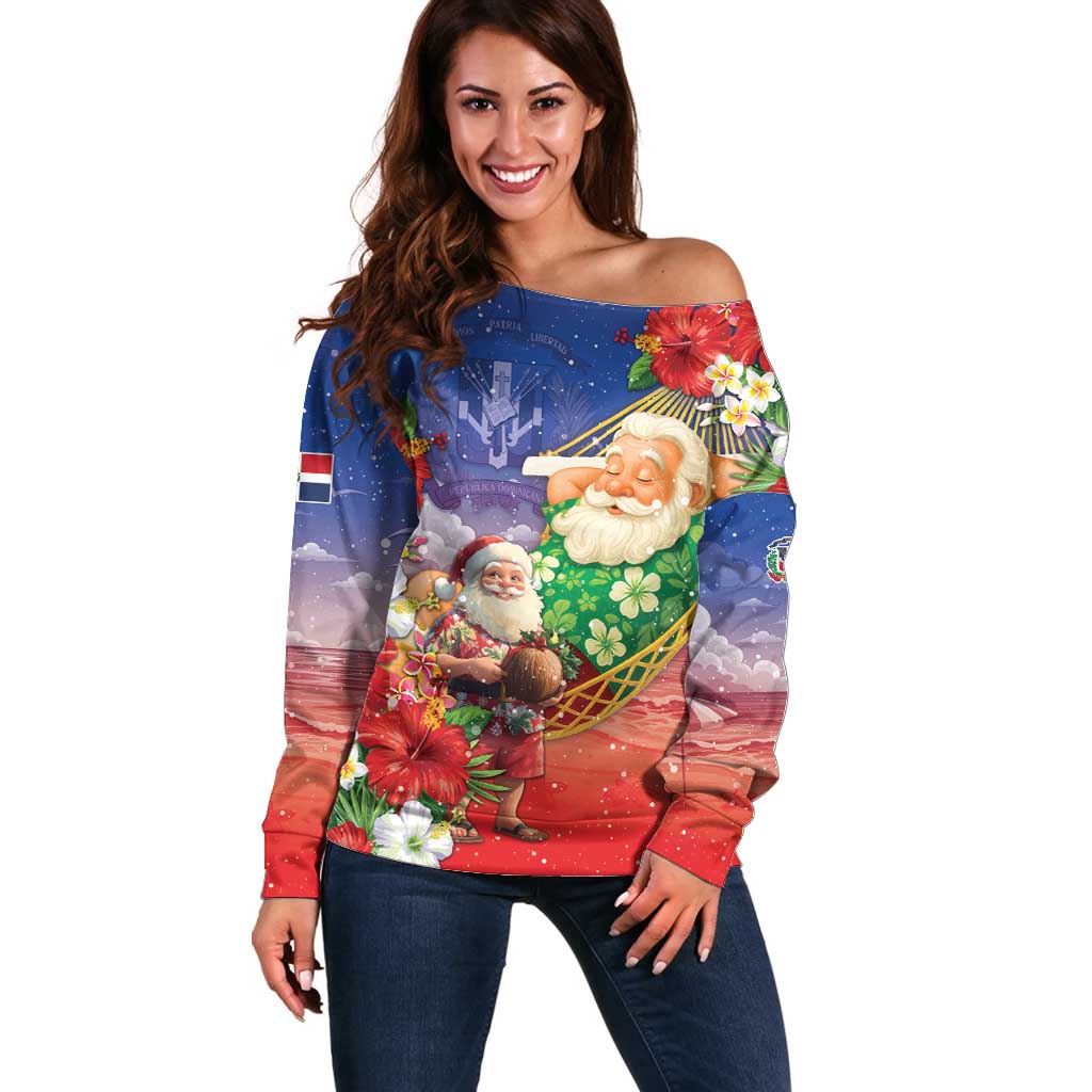 Dominican Republic Christmas Off Shoulder Sweater Santa Relaxing On The Beach - Wonder Print Shop