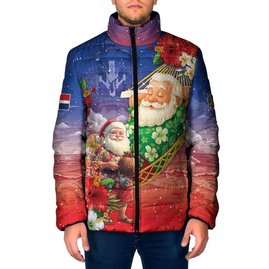 Dominican Republic Christmas Padded Jacket Santa Relaxing On The Beach - Wonder Print Shop