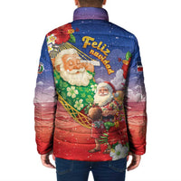 Dominican Republic Christmas Padded Jacket Santa Relaxing On The Beach - Wonder Print Shop