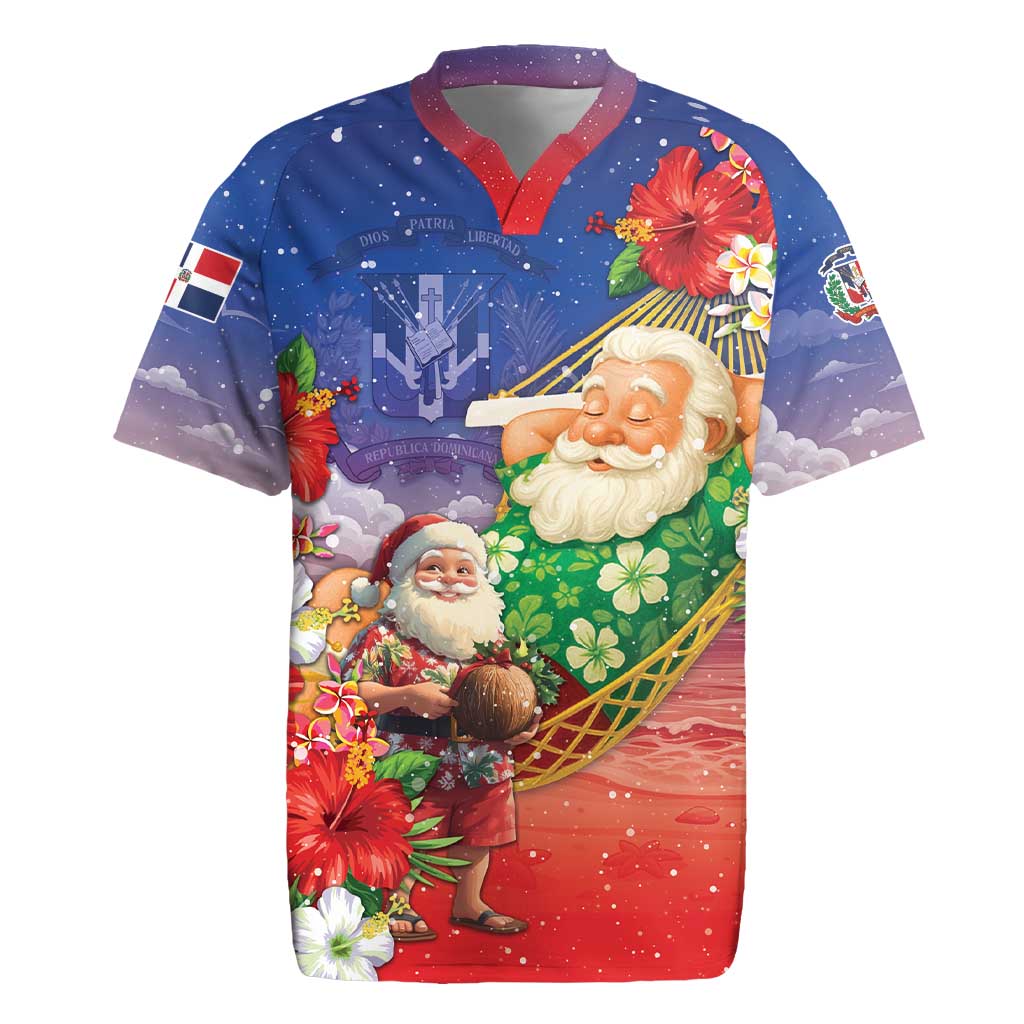 Dominican Republic Christmas Rugby Jersey Santa Relaxing On The Beach - Wonder Print Shop