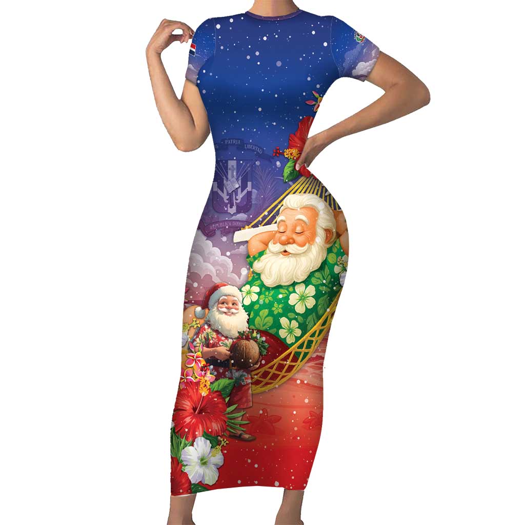 Dominican Republic Christmas Short Sleeve Bodycon Dress Santa Relaxing On The Beach - Wonder Print Shop