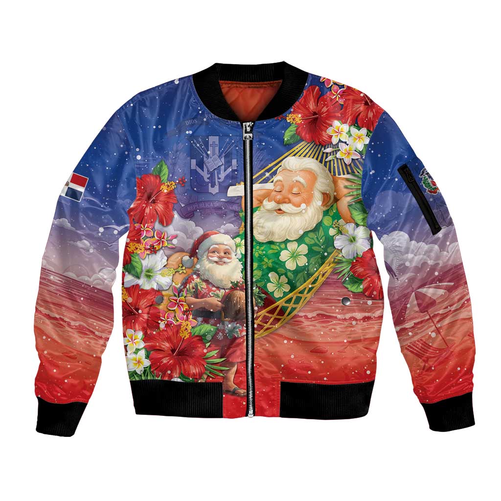 Dominican Republic Christmas Sleeve Zip Bomber Jacket Santa Relaxing On The Beach - Wonder Print Shop