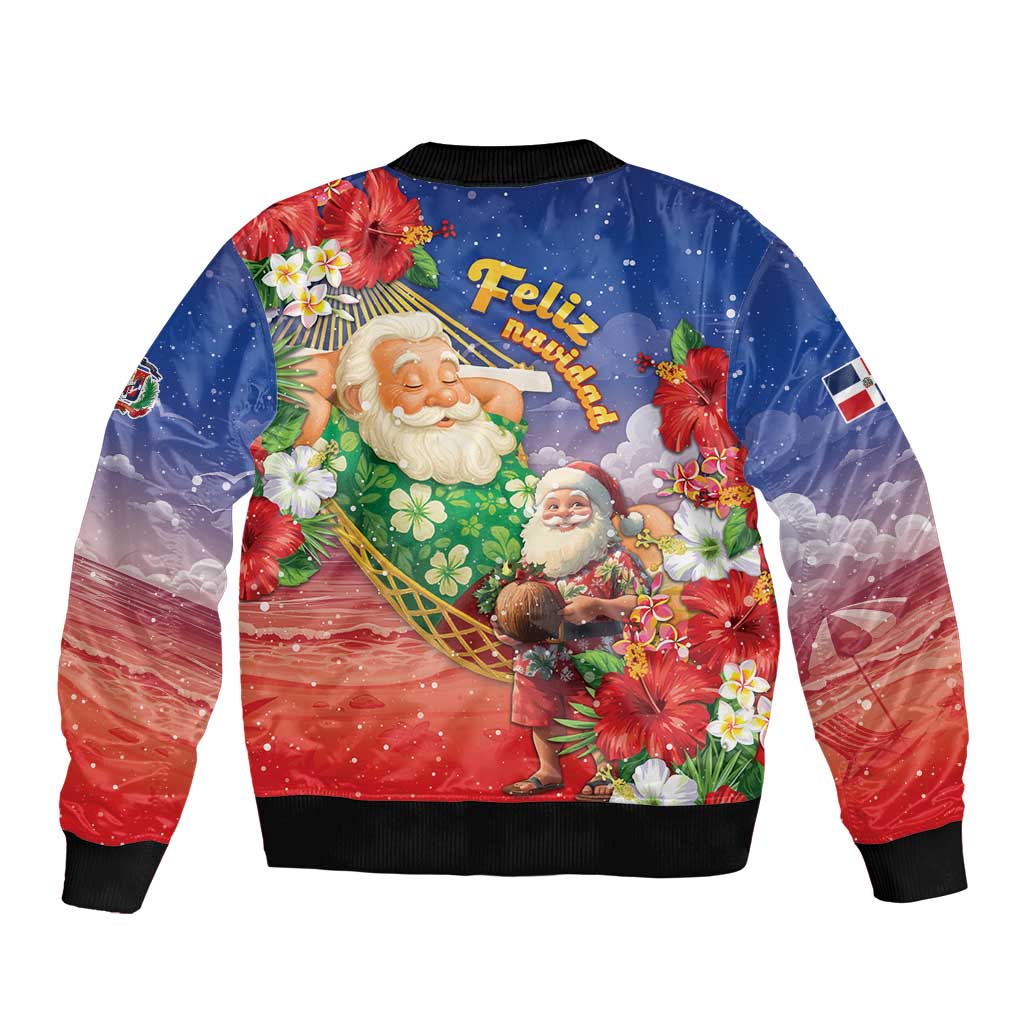 Dominican Republic Christmas Sleeve Zip Bomber Jacket Santa Relaxing On The Beach - Wonder Print Shop