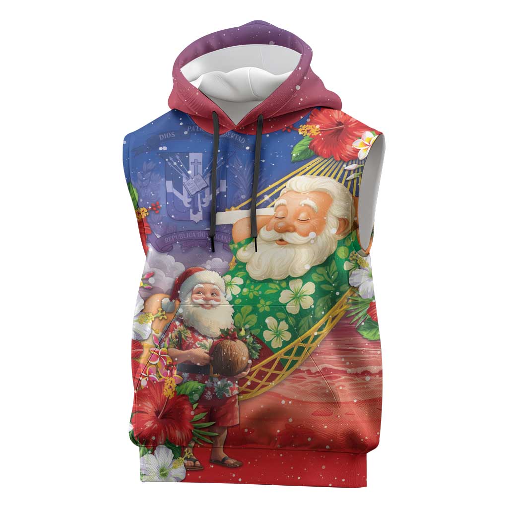 Dominican Republic Christmas Sleeveless Hoodie Santa Relaxing On The Beach - Wonder Print Shop