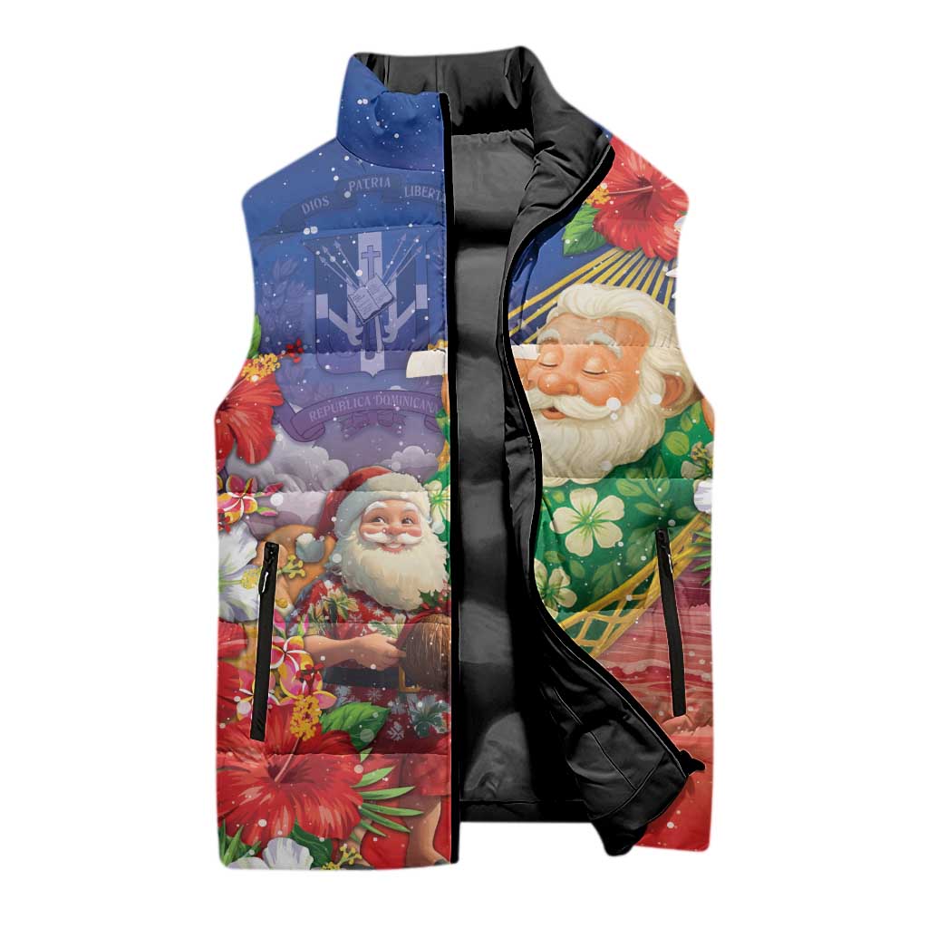 Dominican Republic Christmas Sleeveless Puffer Jacket Santa Relaxing On The Beach - Wonder Print Shop