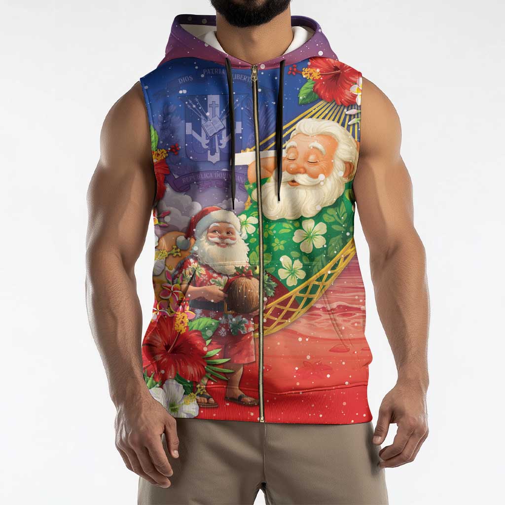 Dominican Republic Christmas Sleeveless Zip Hoodie Santa Relaxing On The Beach - Wonder Print Shop