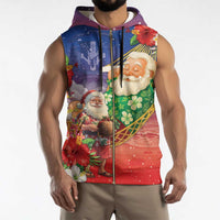 Dominican Republic Christmas Sleeveless Zip Hoodie Santa Relaxing On The Beach - Wonder Print Shop