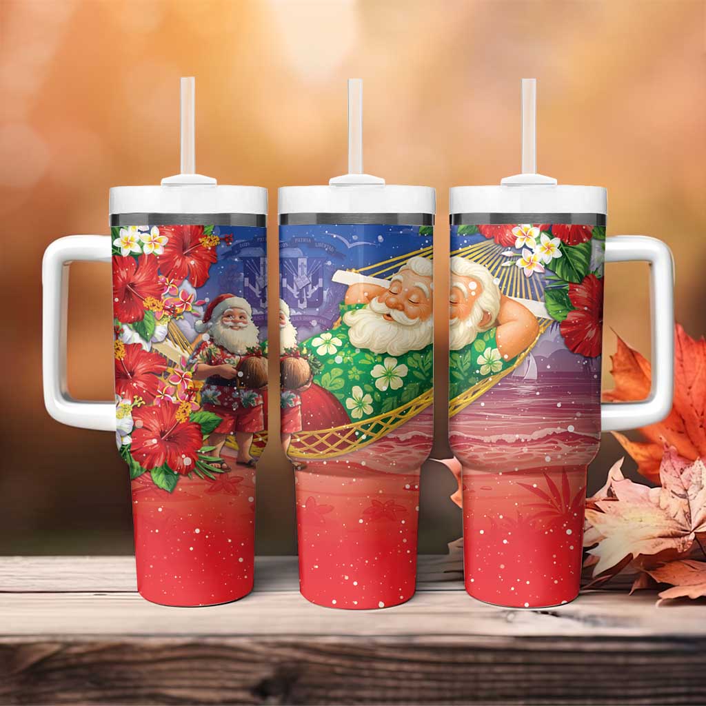 Dominican Republic Christmas Tumbler With Handle Santa Relaxing On The Beach - Wonder Print Shop