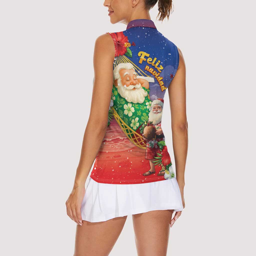 Dominican Republic Christmas Women Sleeveless Polo Shirt Santa Relaxing On The Beach - Wonder Print Shop