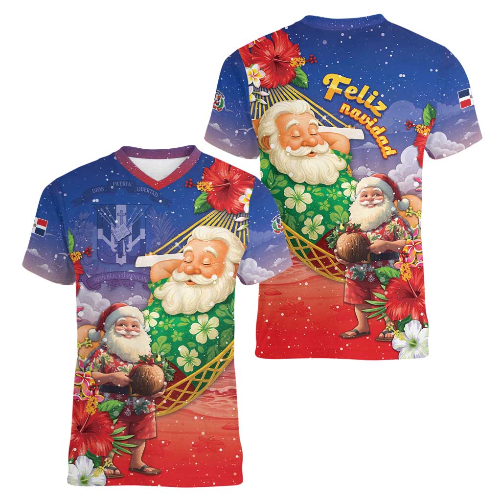 Dominican Republic Christmas Women V-Neck T-Shirt Santa Relaxing On The Beach - Wonder Print Shop