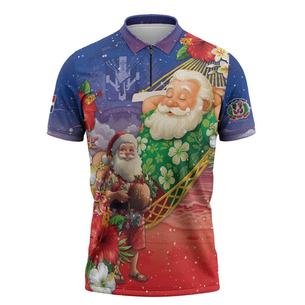 Dominican Republic Christmas Zipper Polo Shirt Santa Relaxing On The Beach - Wonder Print Shop