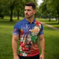 Dominican Republic Christmas Zipper Polo Shirt Santa Relaxing On The Beach - Wonder Print Shop