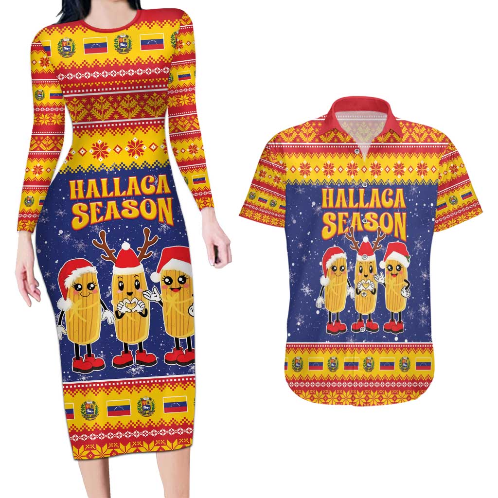 Venezuela Christmas Couples Matching Long Sleeve Bodycon Dress and Hawaiian Shirt Hallaca Season - Wonder Print Shop