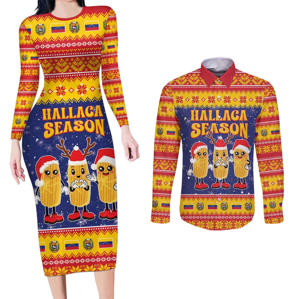 Venezuela Christmas Couples Matching Long Sleeve Bodycon Dress and Long Sleeve Button Shirt Hallaca Season - Wonder Print Shop