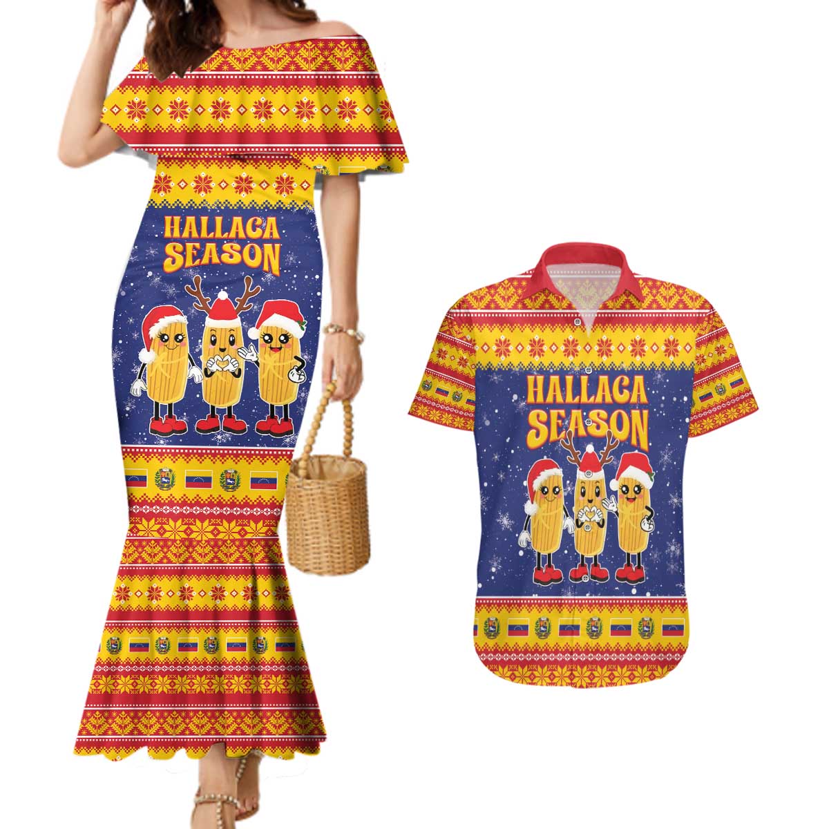 Venezuela Christmas Couples Matching Mermaid Dress and Hawaiian Shirt Hallaca Season - Wonder Print Shop