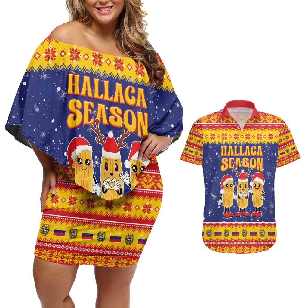 Venezuela Christmas Couples Matching Off Shoulder Short Dress and Hawaiian Shirt Hallaca Season - Wonder Print Shop