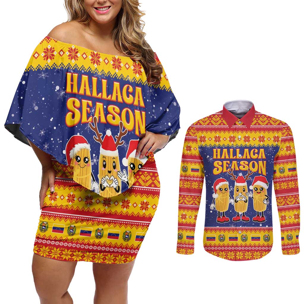 Venezuela Christmas Couples Matching Off Shoulder Short Dress and Long Sleeve Button Shirt Hallaca Season - Wonder Print Shop