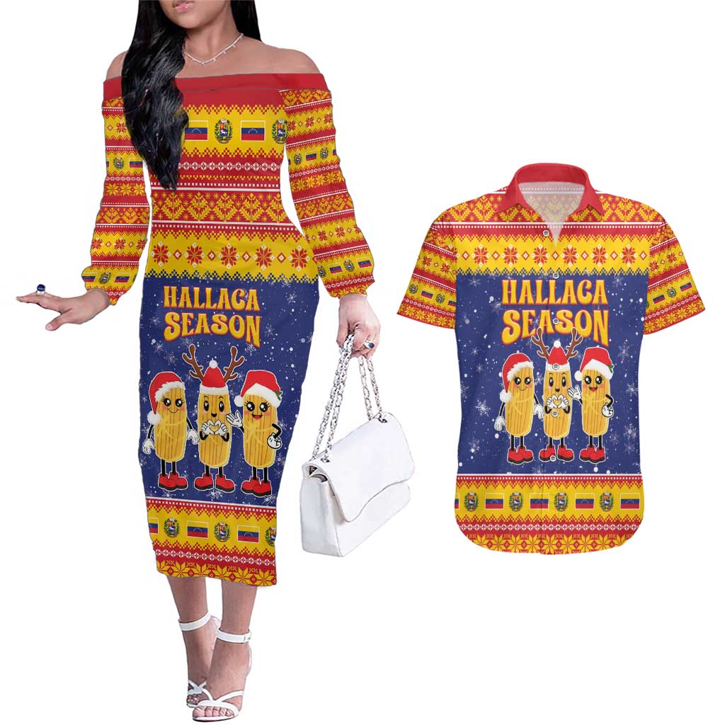 Venezuela Christmas Couples Matching Off The Shoulder Long Sleeve Dress and Hawaiian Shirt Hallaca Season - Wonder Print Shop