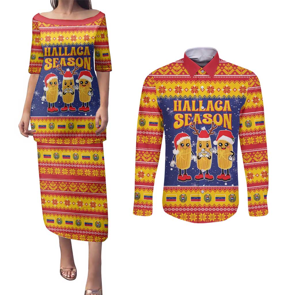 Venezuela Christmas Couples Matching Puletasi and Long Sleeve Button Shirt Hallaca Season - Wonder Print Shop