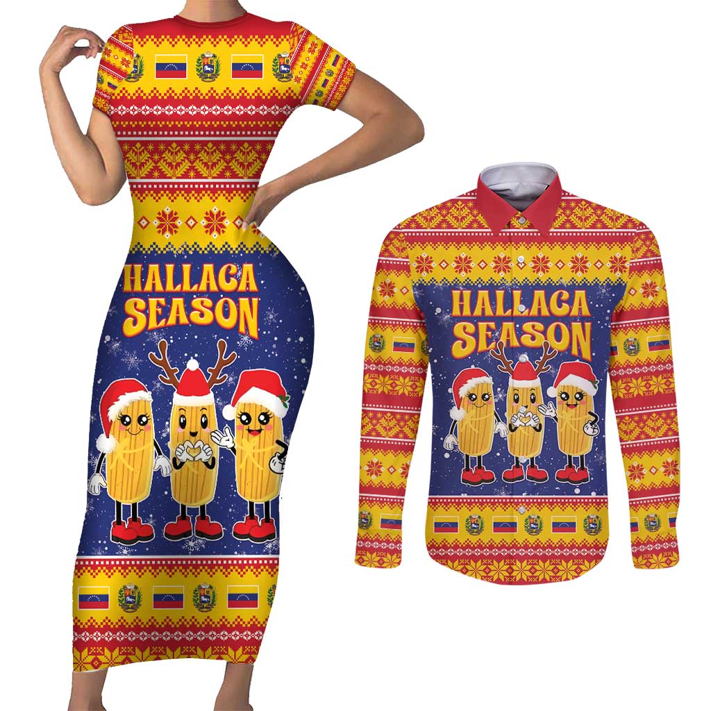 Venezuela Christmas Couples Matching Short Sleeve Bodycon Dress and Long Sleeve Button Shirt Hallaca Season - Wonder Print Shop