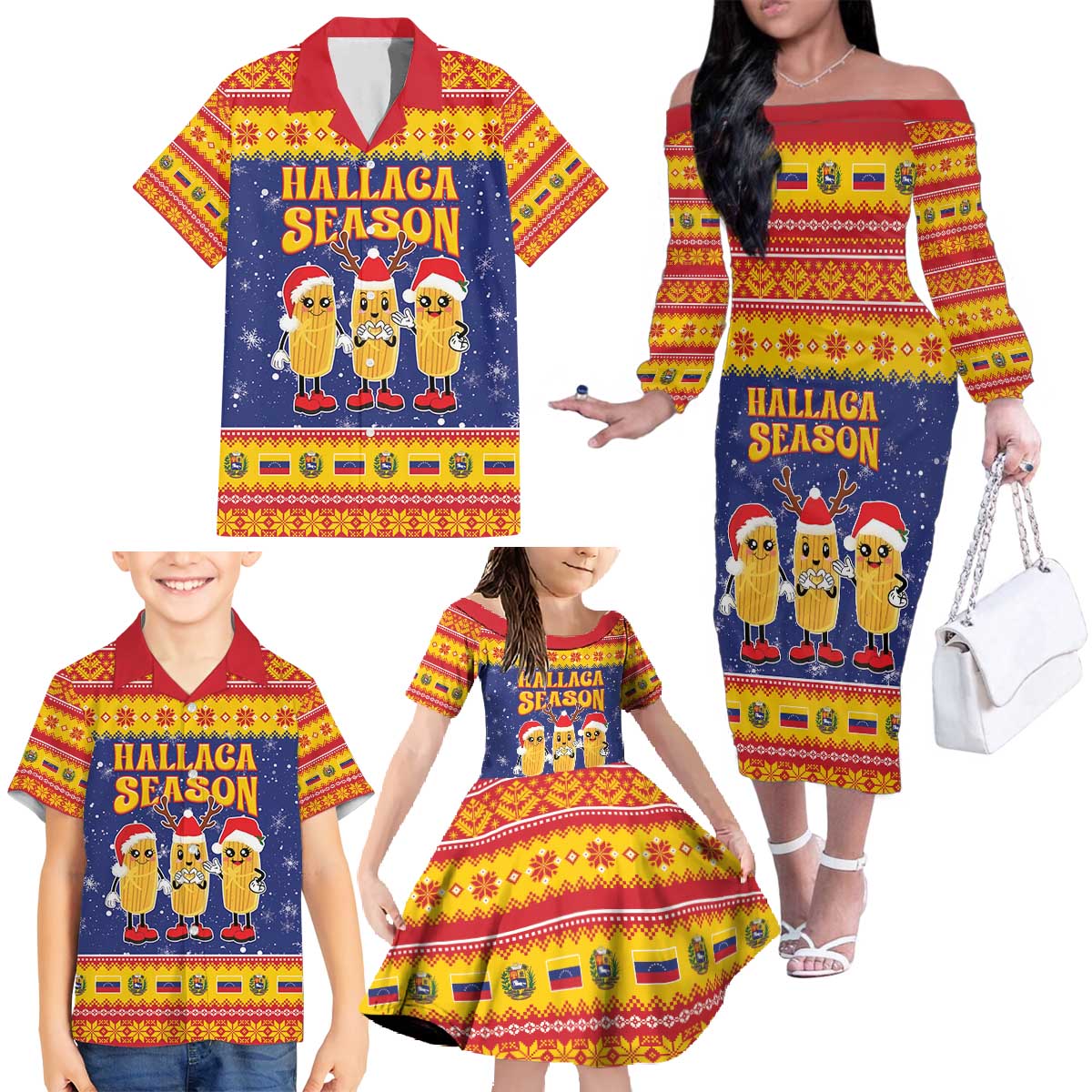 Venezuela Christmas Family Matching Off The Shoulder Long Sleeve Dress and Hawaiian Shirt Hallaca Season - Wonder Print Shop