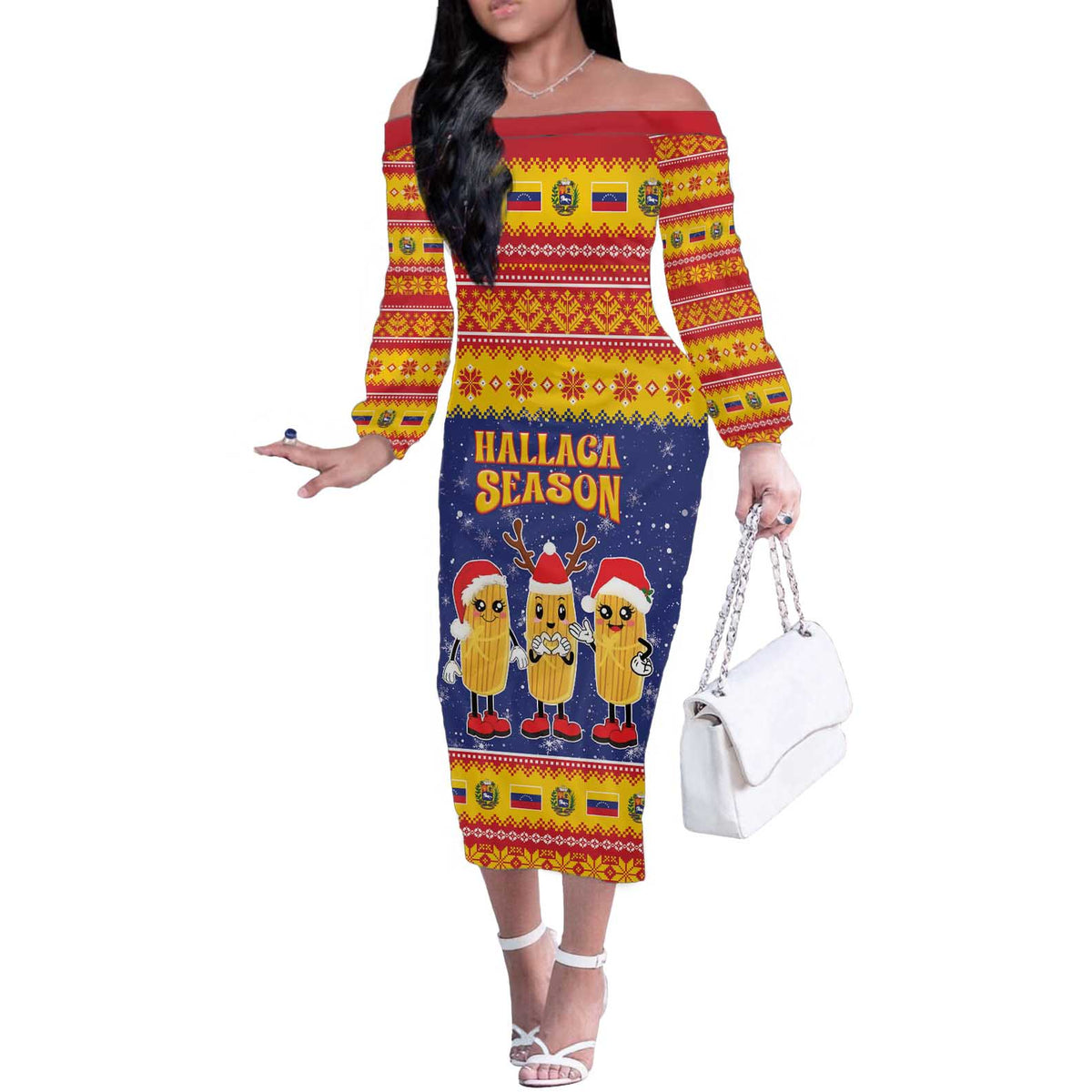 Venezuela Christmas Off The Shoulder Long Sleeve Dress Hallaca Season - Wonder Print Shop