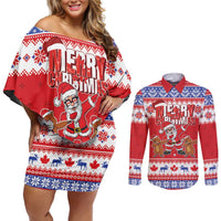 Canada Christmas Couples Matching Off Shoulder Short Dress and Long Sleeve Button Shirt Dabbing Santa Groundhog Funny Style LT05 - Wonder Print Shop