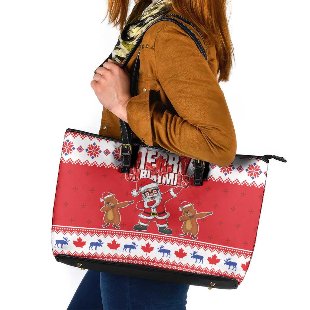 Canada Christmas Leather Tote Bag Dabbing Santa Groundhog Funny Style LT05 - Wonder Print Shop