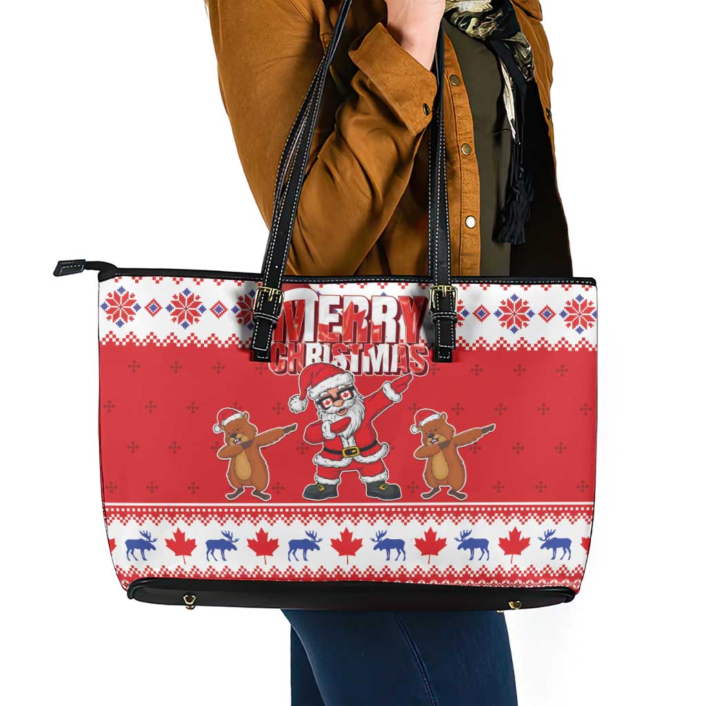 Canada Christmas Leather Tote Bag Dabbing Santa Groundhog Funny Style LT05 - Wonder Print Shop