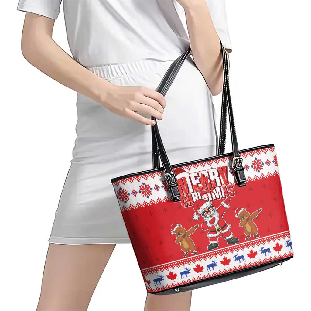 Canada Christmas Leather Tote Bag Dabbing Santa Groundhog Funny Style LT05 - Wonder Print Shop