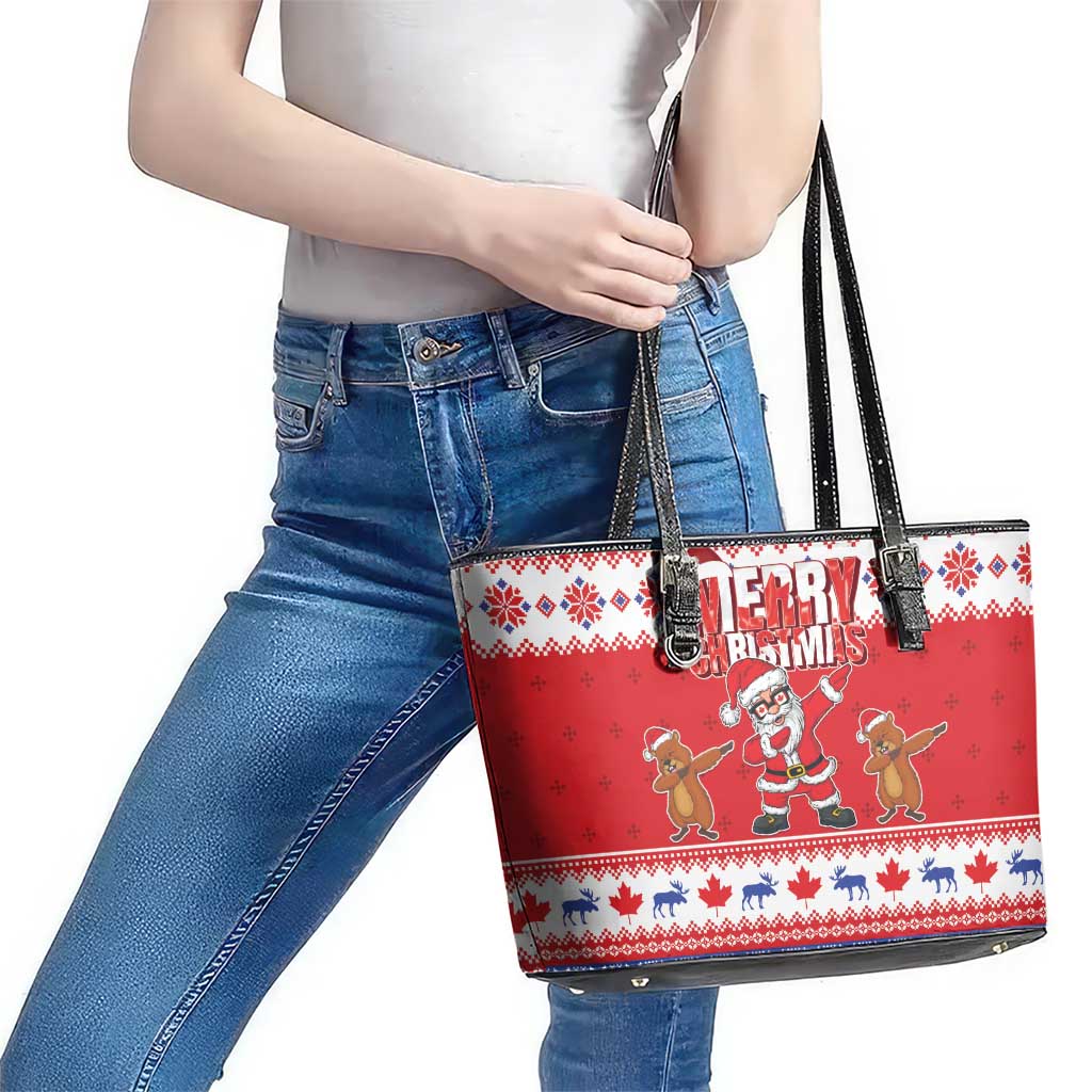 Canada Christmas Leather Tote Bag Dabbing Santa Groundhog Funny Style LT05 - Wonder Print Shop