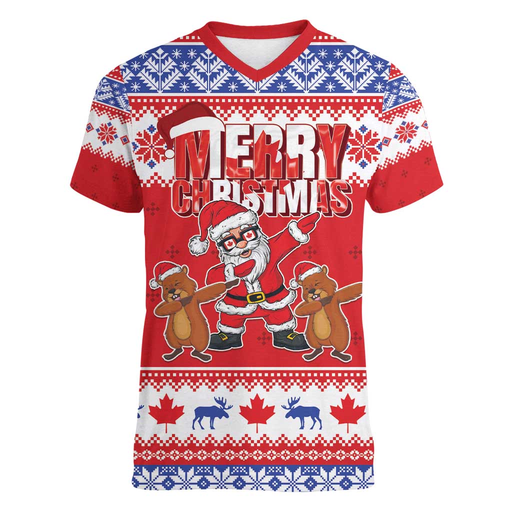 Canada Christmas Women V-Neck T-Shirt Dabbing Santa Groundhog Funny Style LT05 - Wonder Print Shop