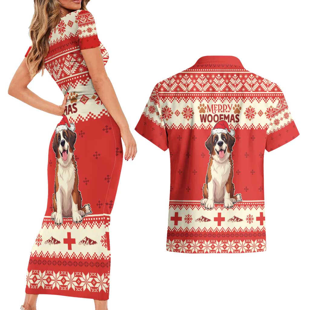 Switzerland Christmas Couples Matching Short Sleeve Bodycon Dress and Hawaiian Shirt Cute Saint Bernard Merry Woofmas LT05 - Wonder Print Shop
