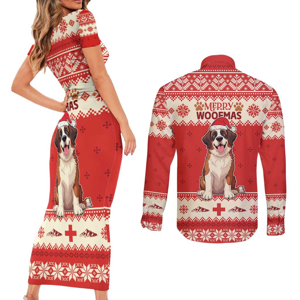 Switzerland Christmas Couples Matching Short Sleeve Bodycon Dress and Long Sleeve Button Shirt Cute Saint Bernard Merry Woofmas LT05 - Wonder Print Shop