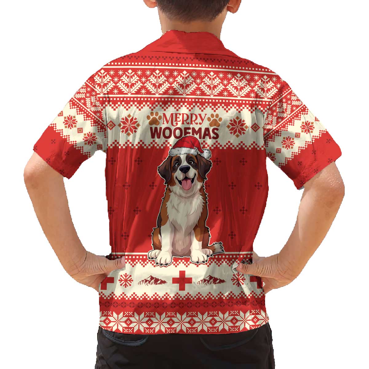 Switzerland Christmas Family Matching Off The Shoulder Long Sleeve Dress and Hawaiian Shirt Cute Saint Bernard Merry Woofmas LT05 - Wonder Print Shop