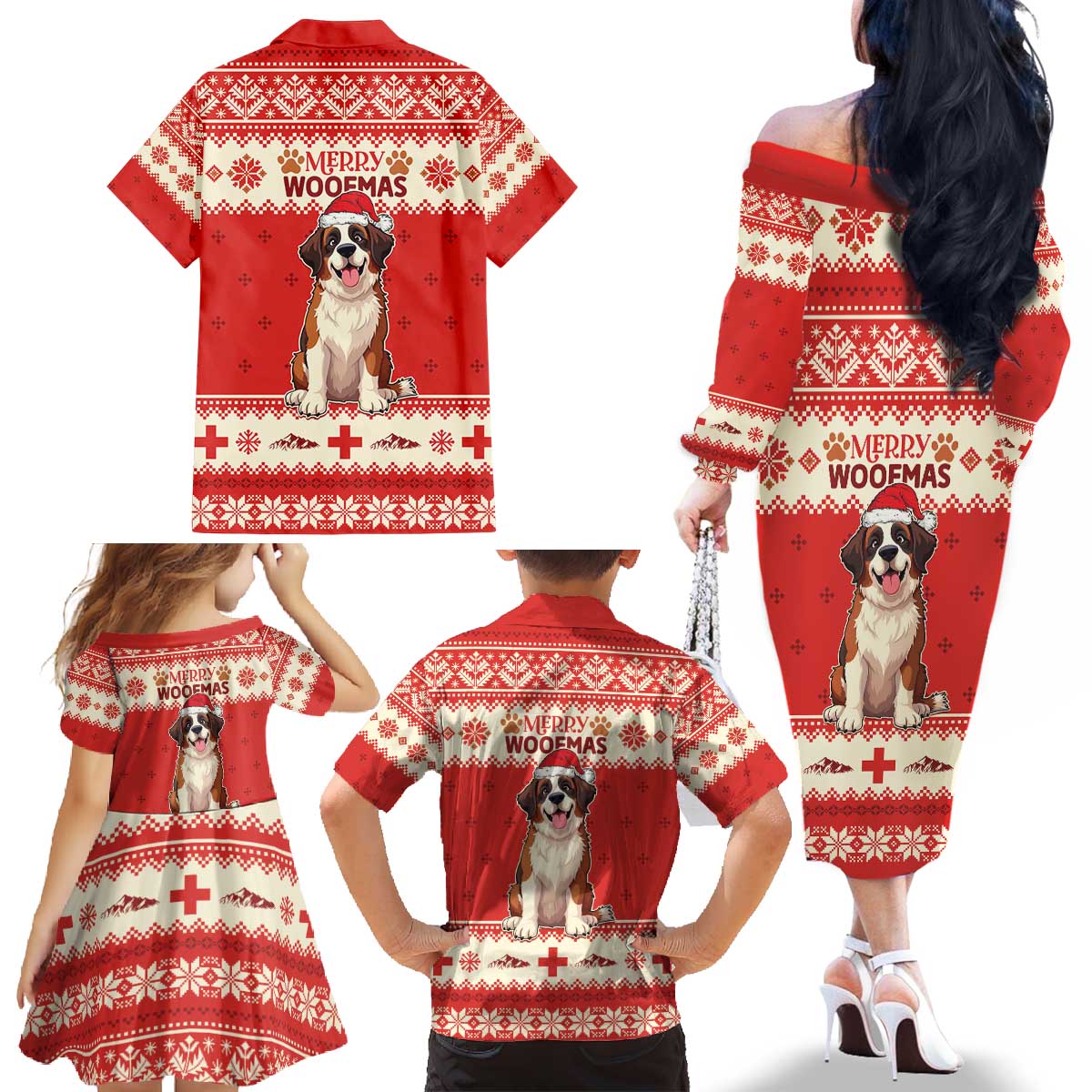 Switzerland Christmas Family Matching Off The Shoulder Long Sleeve Dress and Hawaiian Shirt Cute Saint Bernard Merry Woofmas LT05 - Wonder Print Shop