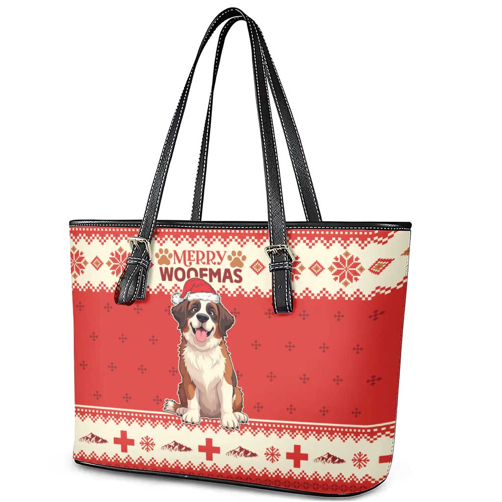 Switzerland Christmas Leather Tote Bag Cute Saint Bernard Merry Woofmas LT05 - Wonder Print Shop