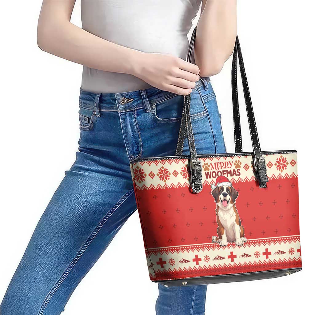 Switzerland Christmas Leather Tote Bag Cute Saint Bernard Merry Woofmas LT05 - Wonder Print Shop