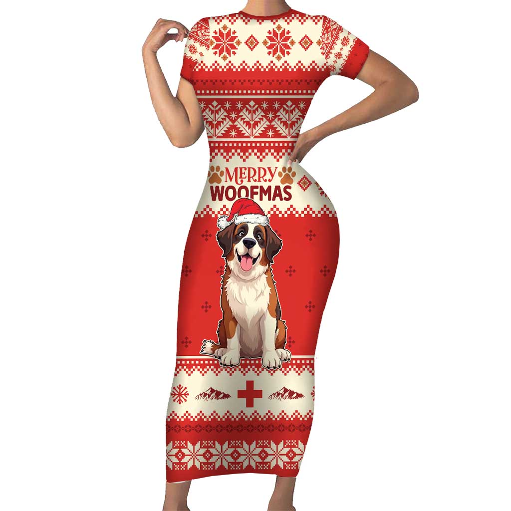 Switzerland Christmas Short Sleeve Bodycon Dress Cute Saint Bernard Merry Woofmas LT05 - Wonder Print Shop
