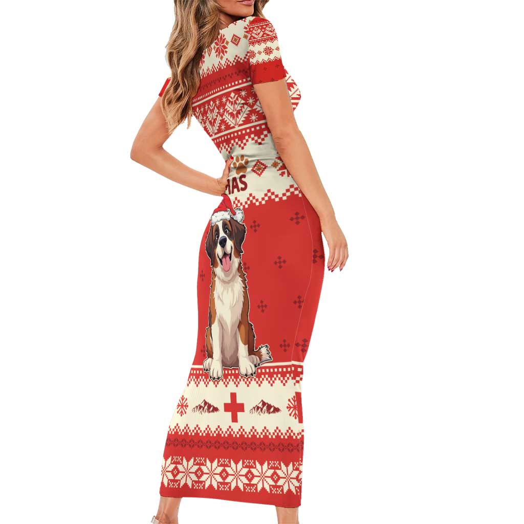 Switzerland Christmas Short Sleeve Bodycon Dress Cute Saint Bernard Merry Woofmas LT05 - Wonder Print Shop