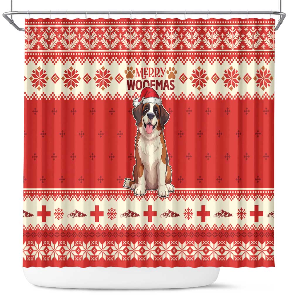 Switzerland Christmas Shower Curtain Cute Saint Bernard Merry Woofmas