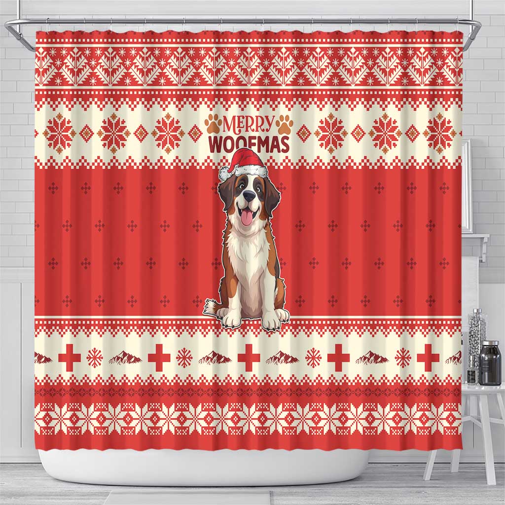 Switzerland Christmas Shower Curtain Cute Saint Bernard Merry Woofmas