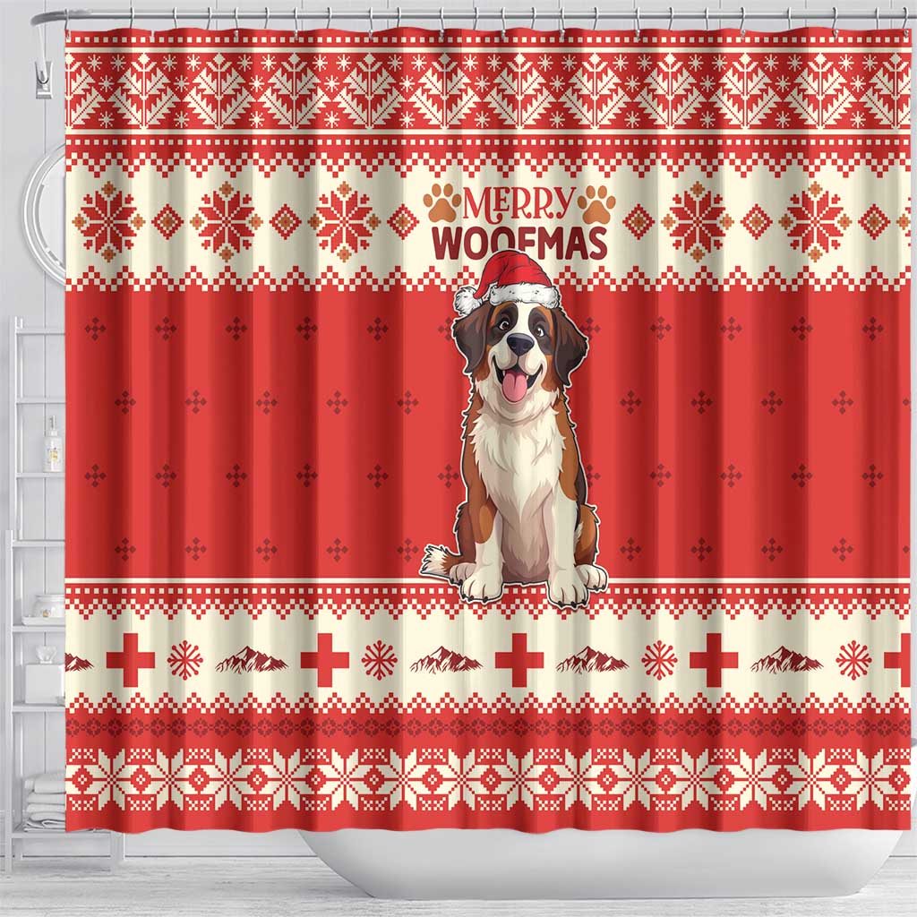 Switzerland Christmas Shower Curtain Cute Saint Bernard Merry Woofmas