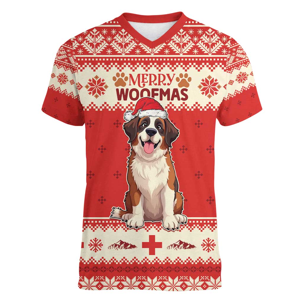 Switzerland Christmas Women V-Neck T-Shirt Cute Saint Bernard Merry Woofmas LT05 - Wonder Print Shop