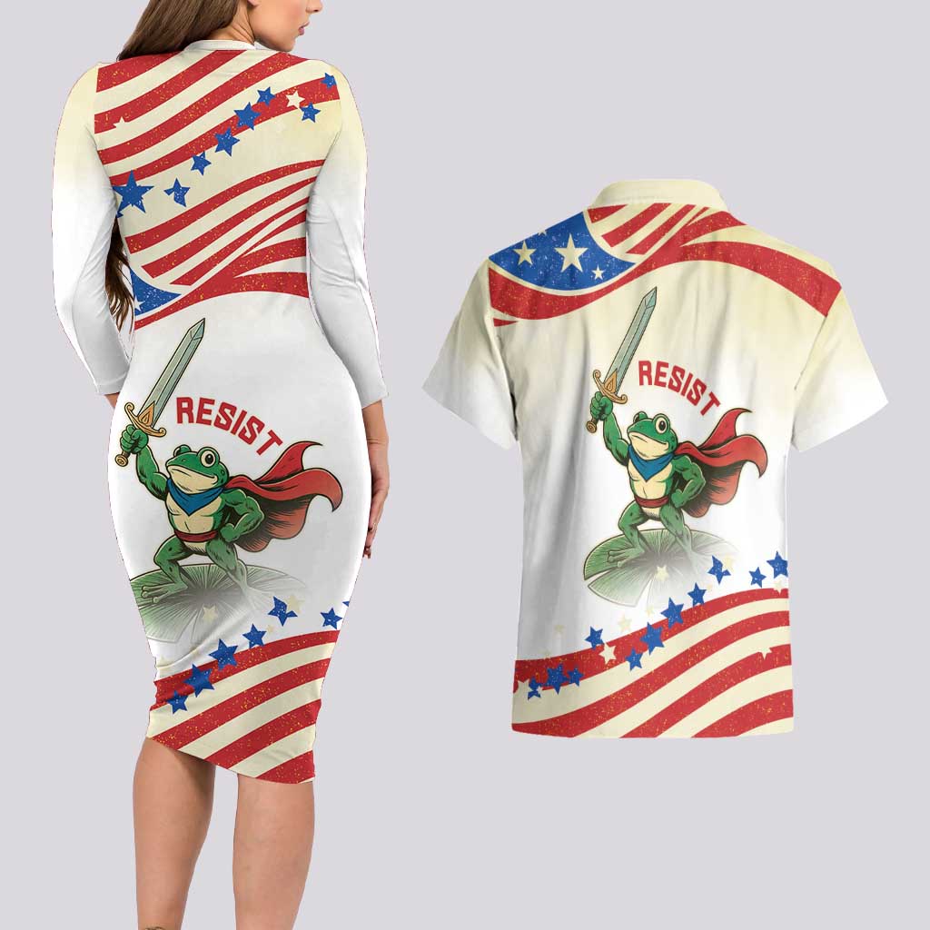 Hands Off Portland Couples Matching Long Sleeve Bodycon Dress and Hawaiian Shirt Resist Frog - Wonder Print Shop