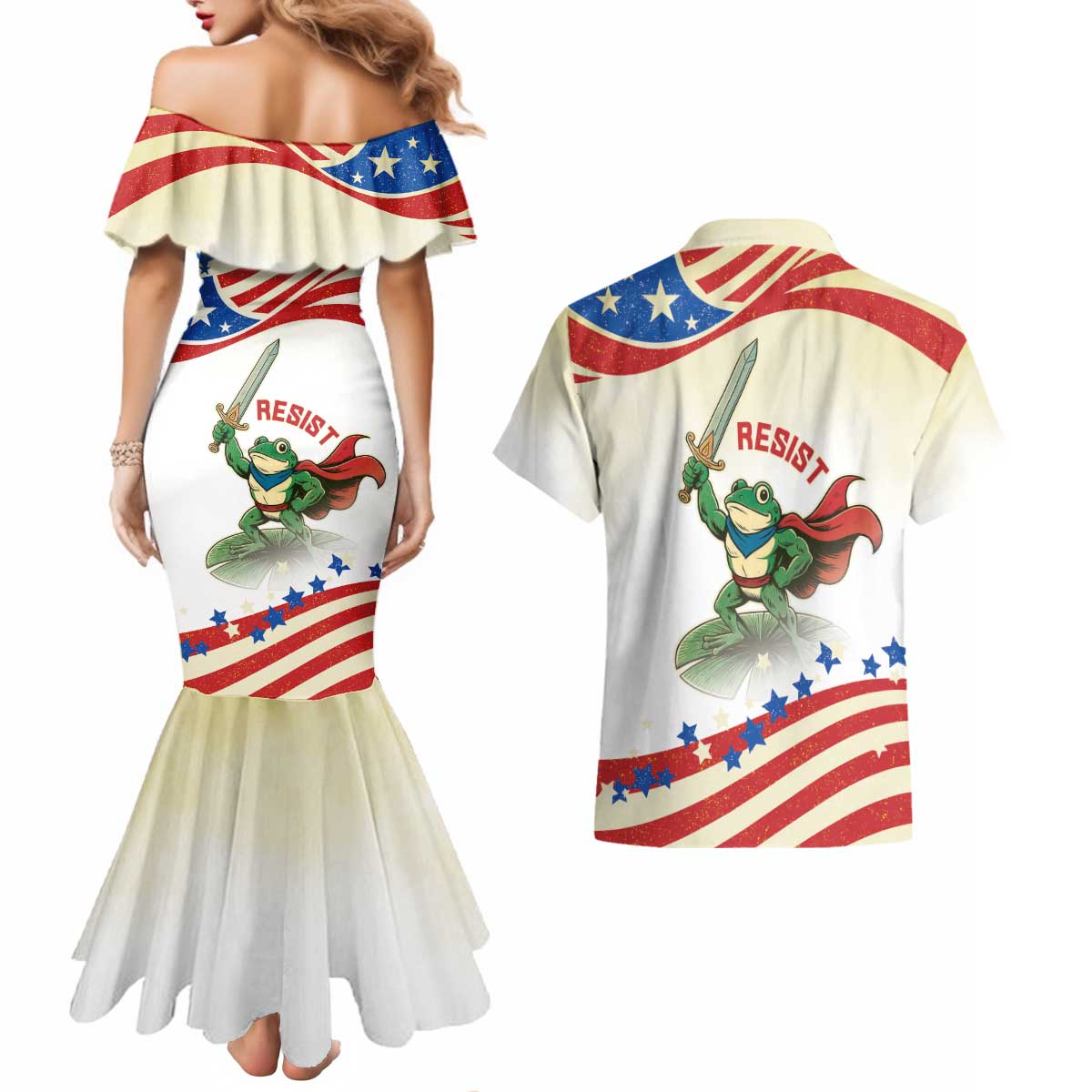 Hands Off Portland Couples Matching Mermaid Dress and Hawaiian Shirt Resist Frog - Wonder Print Shop